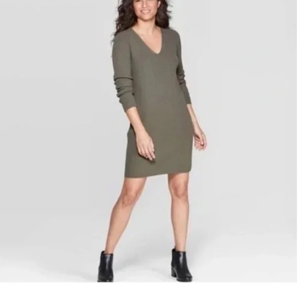 A New Day Long Sleeve ribbed Knit Sweater casual Dress dark Olive Medium